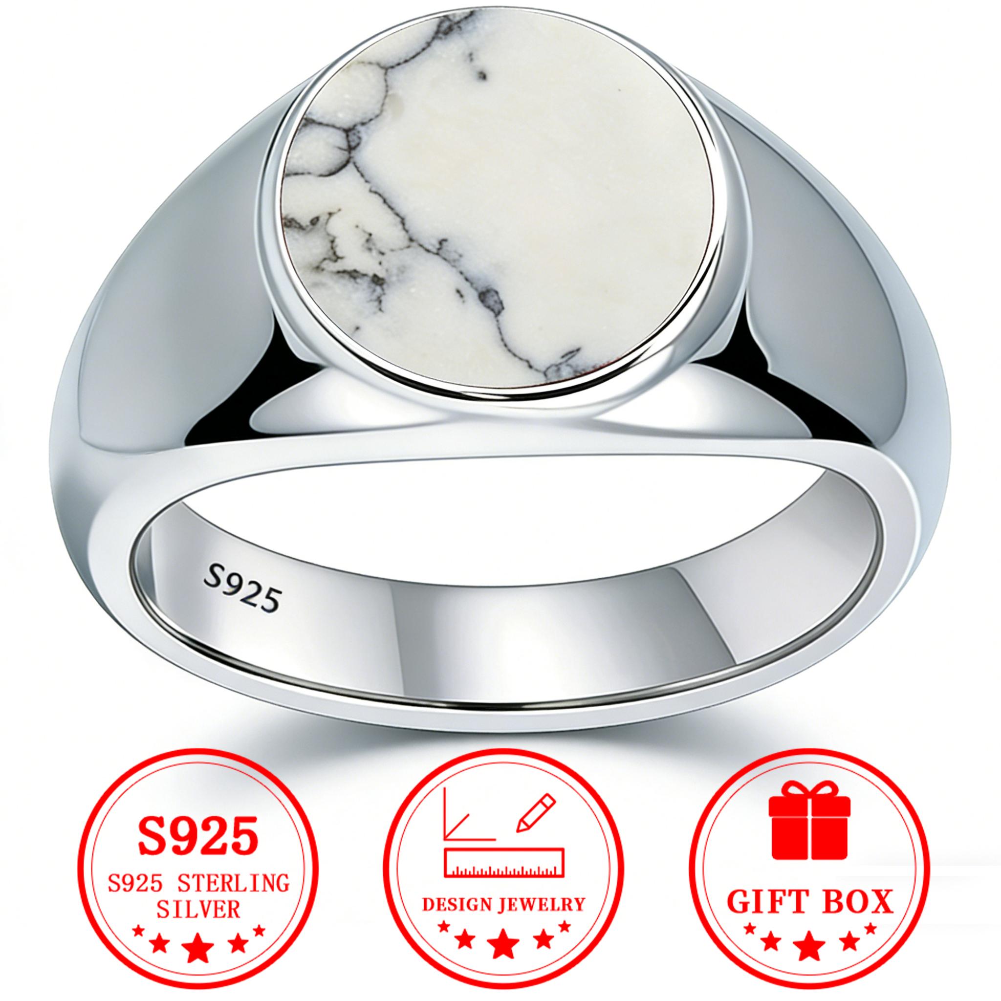 Men's S925 Sterling Silver Oval Flat White Turquoise Ring